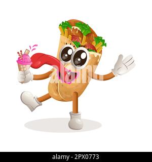 Süßes Burrito-Maskottchen essen Eis, Eiskrem. Perfekt für Lebensmittelgeschäfte, kleine Unternehmen oder E-Commerce, Merchandise und Aufkleber, Werbebanner, FO Stock Vektor