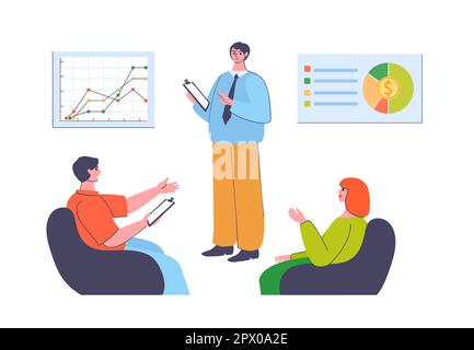 Finanzberater. Analyse des Unternehmens- oder persönlichen Budgets, Berechnung von Ausgaben und Erträgen. Mann, der Audit-Daten mit Diagrammen und Diagrammen präsentiert. Mitarbeiter Stock Vektor