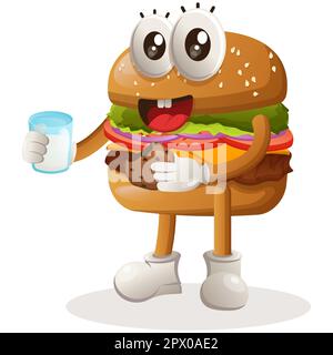 Süßes Burger-Maskottchen-Design Trinken Sie Milch und essen Sie Kekse. Burger-Cartoon-Maskottchen-Design. Köstliches Essen mit Käse, Gemüse und Fleisch. Süße Mas Stock Vektor