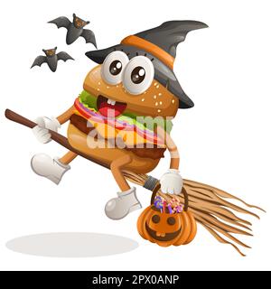 Süße Burger-Maskottchen-Hexe mit halloween-Kürbis und Süßigkeiten drauf. Perfekt für Lebensmittelgeschäfte, kleine Unternehmen oder E-Commerce, Merchandise und sticke Stock Vektor