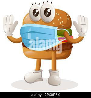 Süßes Burger Maskottchen Design trägt medizinische Maske, schützen vor covid-19. Burger-Cartoon-Maskottchen-Design. Köstliches Essen mit Käse und Gemüse Stock Vektor