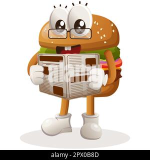 Süßes Burger-Maskottchen-Design Lesen Sie Zeitungen. Burger-Cartoon-Maskottchen-Design. Köstliches Essen mit Käse, Gemüse und Fleisch. Süßer Maskottchen-Vektor Stock Vektor