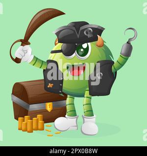 Süße grüne Monster-Piraten-Figur. Perfekt für Kinder, kleine Unternehmen oder E-Commerce, Merchandise und Aufkleber, Werbebanner, Blog oder Vlog-Kanal Stock Vektor