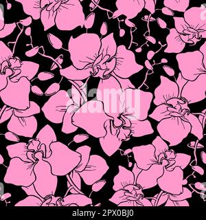 Nahtloses Muster aus großen rosa Silhouetten von Orchideen auf schwarzem Hintergrund, Struktur, Design Stockfoto