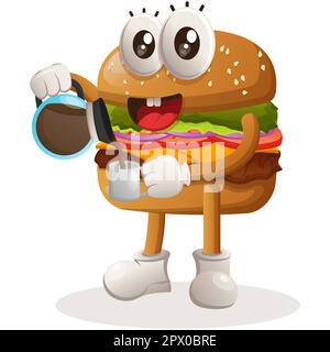 Süßes Burger-Maskottchen-Design, Kaffee trinken, Kaffeezeit. Burger-Cartoon-Maskottchen-Design. Köstliches Essen mit Käse, Gemüse und Fleisch. Wie Süß Stock Vektor