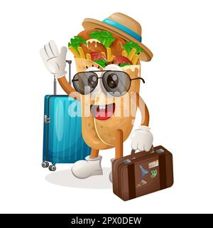 Süßes Burrito-Maskottchen im Urlaub mit einem Koffer. Perfekt für Lebensmittelgeschäfte, kleine Unternehmen oder E-Commerce, Merchandise und Aufkleber, Werbebanner, Stock Vektor