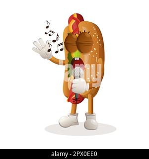 Süßes Hotdog-Maskottchen singt, singt ein Lied. Perfekt für Lebensmittelgeschäfte, kleine Unternehmen oder E-Commerce, Merchandise und Aufkleber, Werbebanner, Lebensmittelbewertung Stock Vektor