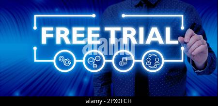 Unterschreiben Sie, dass kostenlose Testversion, Internet Concept Produkt oder Service angeboten werden, und versuchen Sie, Feedback zu geben Stockfoto