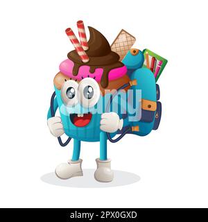 Süßes Cupcake-Maskottchen mit Schultasche, Rucksack, zurück zur Schule. Perfekt für Lebensmittelgeschäfte, kleine Unternehmen oder E-Commerce, Merchandise und Aufkleber, Ban Stock Vektor