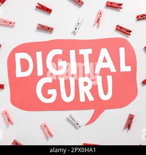 Schild mit digitalem Guru, Wort auf Lehrerin und intellektueller Leitfaden zu Fragen von grundlegender Bedeutung für die Elektronik Stockfoto