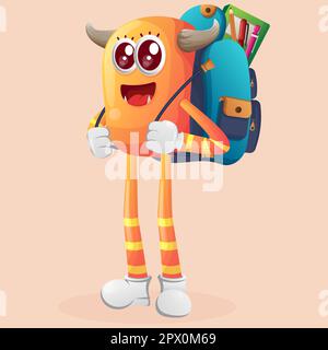 Süßes orangefarbenes Monster mit Schultasche, Rucksack, zurück zur Schule. Perfekt für Kinder, kleine Unternehmen oder E-Commerce, Merchandise und Aufkleber, Banner PR Stock Vektor