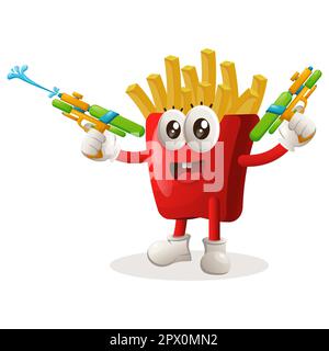 Süße pommes-maskottchen, die mit Wasserpistolen spielen. Perfekt für Lebensmittelgeschäfte, kleine Unternehmen oder E-Commerce, Merchandise und Aufkleber, Werbebanner, Stock Vektor