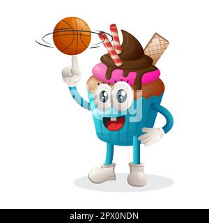 Süßes Cupcake-Maskottchen spielt Basketball, Freestyle mit Ball. Perfekt für Lebensmittelgeschäfte, kleine Unternehmen oder E-Commerce, Merchandise und Aufkleber, Banner Pro Stock Vektor