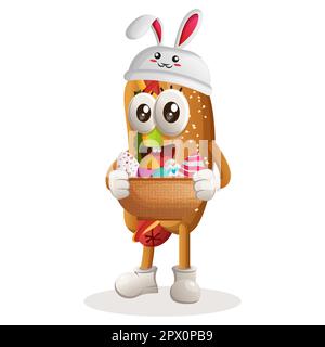 Süßes Hotdog-Maskottchen, das die Hasenmütze trägt und osterei im Korb hält. Perfekt für Lebensmittelgeschäfte, kleine Unternehmen oder E-Commerce, Merchandise und stic Stock Vektor
