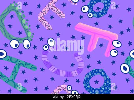Zeichentrickfilm englische Buchstaben nahtlose Monster mit Augenmuster für Kinderbekleidung und Accessoires, Bettwäsche und Stoffe und Kindergarten-Tex Stockfoto