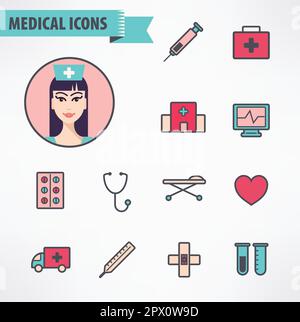 vektorsatz medizinischer Farbsymbole isoliert Stock Vektor