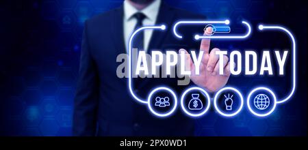 Konzeptionelle Darstellung heute anwenden, Konzept bedeutet, etwas hauptsächlich schriftlich oder durch Senden in einem Formular anzufordern Stockfoto