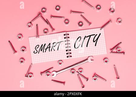 Textunterschrift mit Smart City, Business Konzept Stadtgebiet, das verschiedene elektronische Internet der Dinge nutzt Stockfoto