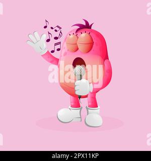Süßes rosa Monster, das singt, ein Lied. Perfekt für Kinder, kleine Unternehmen oder E-Commerce, Merchandise und Sticker, Werbebanner, Blogs oder Vlog-Kanäle Stock Vektor