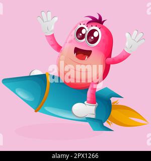 Süßes rosa Monster, das mit Rakete fliegt. Perfekt für Kinder, kleine Unternehmen oder E-Commerce, Merchandise und Aufkleber, Werbebanner, Blog oder Vlog-Kanal Stock Vektor