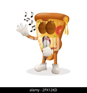 Süßes Pizza-Maskottchen, das singt, ein Lied singt. Perfekt für Lebensmittelgeschäfte, kleine Unternehmen oder E-Commerce, Merchandise und Aufkleber, Werbebanner, Lebensmittelbewertung b Stock Vektor