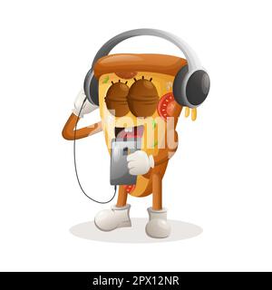 Süßes Pizza-Maskottchen, das Musik über ein Smartphone mit einem Kopfhörer hört. Perfekt für Lebensmittelgeschäfte, kleine Unternehmen oder E-Commerce, Merchandise und Aufkleber, BA Stock Vektor