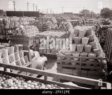 1930S MEHRERE MULDENKIPPER, DIE HOCH GESTAPELT SIND, MIT BUSHEL-KÖRBEN REIFER TOMATEN, DIE AUF DEN MARKT GEBRACHT WERDEN KÖNNEN CAMDEN NEW JERSEY USA – M5638 HAR001 HARS ERNTEN SCHWARZ UND WEISS HAR001 ALTMODISCH Stockfoto