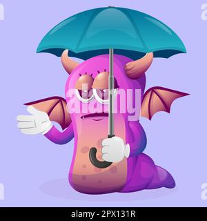 Süßes lila Monster mit Schirm und boblauem Ausdruck. Perfekt für Kinder, kleine Unternehmen oder E-Commerce, Merchandise und Aufkleber, Werbebanner Stock Vektor