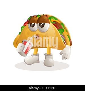 Süßes Taco-Maskottchen, das Limonade trinkt, Cola. Perfekt für Lebensmittelgeschäfte, kleine Unternehmen oder E-Commerce, Merchandise und Aufkleber, Werbebanner, Lebensmittelrezensionen Stock Vektor