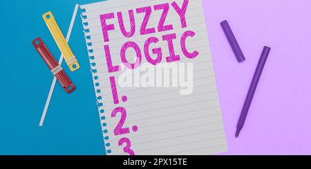 Textunterschrift mit Fuzzy Logic, im System geschriebenem Wort, in dem die Anweisung wahr oder falsch sein kann, oder einem beliebigen Wert dazwischen Stockfoto