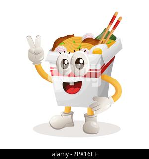 Süßes Ramen-Maskottchen mit Friedenshand. Perfekt für Lebensmittelgeschäfte, kleine Unternehmen oder E-Commerce, Merchandise und Aufkleber, Werbebanner, Blog zur Lebensmittelbewertung o Stock Vektor