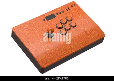 Klassischer Arcade-Stick mit Joystick und Tasten in Turnierqualität mit nahtlosem Wellenmuster auf weißem Hintergrund. 3D-Rendering von Spielautomaten, Streaming Stockfoto