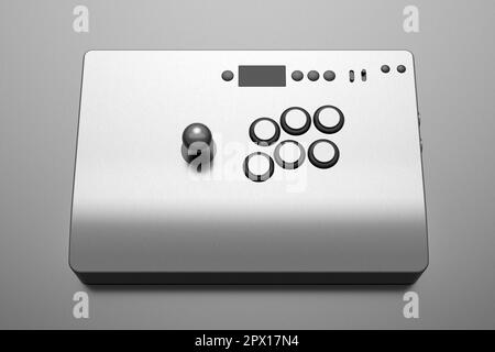 Klassischer Arcade-Stick mit Joystick und Knöpfen in Turnierqualität mit metallischer Chromstruktur auf dunklem Hintergrund. 3D-Rendering von Spielautomaten, Streamin Stockfoto