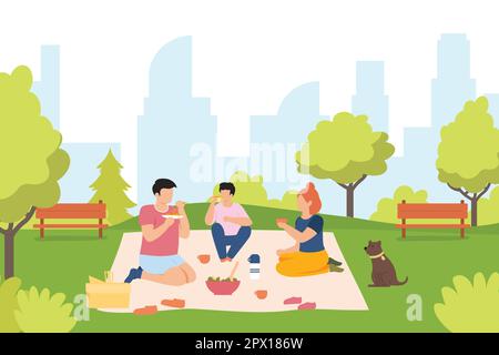 Picknick im Park. Freunde essen Salat und trinken Tee aus der Thermoskanne. Männliche und weibliche Charaktere verbringen ihre Freizeit zusammen. Junge Leute, die sich entspannen Stock Vektor