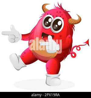 Süßes rotes Monster verspielt mit spitzen Händen. Perfekt für Kinder, kleine Unternehmen oder E-Commerce, Merchandise und Aufkleber, Werbebanner, Blog oder Vlog ch Stock Vektor