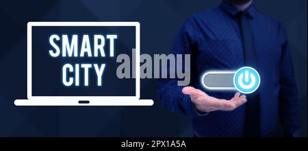 Textunterschrift mit Smart City, Business Konzept Stadtgebiet, das verschiedene elektronische Internet der Dinge nutzt Stockfoto