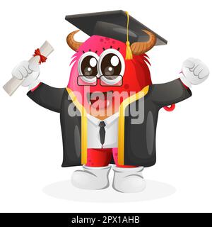 Das süße rote Monster hat gerade seinen Abschluss gemacht. Perfekt für Kinder, kleine Unternehmen oder E-Commerce, Merchandise und Aufkleber, Werbebanner, Blog oder Vlog-Kanal Stock Vektor