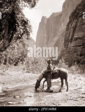 1920S-MANN-COWBOY, DER IM WESTERN CANYON ZION NATIONAL PARK UTAH USA STAND UND PFERDEWASSER AUS DEM BACH TRANK - M1027 HAR001 HARS KOPIERBEREICH PERSONEN INSPIRATION STREAM UNITED STATES OF AMERICA MÄNNCHEN WESTERN TRANSPORT B&W NORTH AMERICA COWBOYS FREIHEIT NORDAMERIKANISCHE TRÄUME SÄUGETIERE ABENTEUER CANYON PARKS ERHOLUNG BESETZUNG HYDRATION NATIONALPARK UTAH CHAPS SÄUGETIER-NATIONALPARK SERVICE ERFRISCHEND ENTSPANNUNG JUNGER ERWACHSENER ZION SCHWARZ-WEISS WEISSE ETHNISCHE ZUGEHÖRIGKEIT HAR001 ALTMODISCH Stockfoto