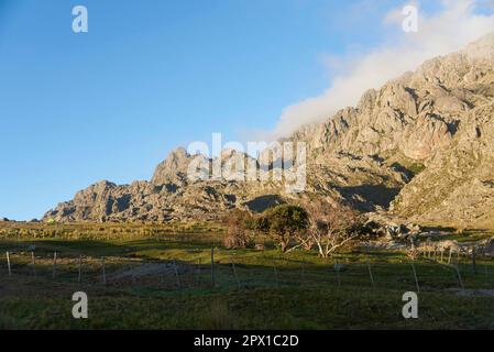 Sonnenaufgang in einer Berglandschaft, Cerro de la Cruz von La Rotonda aus gesehen, Ausgangspunkt für Wanderwege in Los Gigantes, einem Bergmassiv, das zum Wandern besucht wird Stockfoto