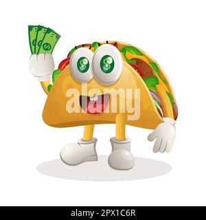 Süßes Taco-Maskottchen mit Geld. Perfekt für Lebensmittelgeschäfte, kleine Unternehmen oder E-Commerce, Merchandise und Aufkleber, Bannerwerbung, Blog zur Lebensmittelbewertung oder V Stock Vektor
