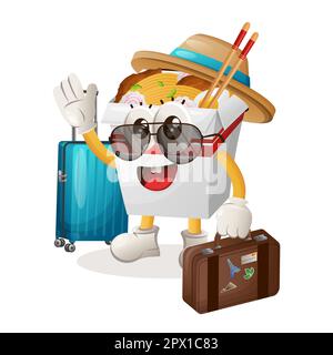 Süßes Ramen-Maskottchen im Urlaub mit einem Koffer. Perfekt für Lebensmittelgeschäfte, kleine Unternehmen oder E-Commerce, Merchandise und Aufkleber, Werbebanner, FO Stock Vektor