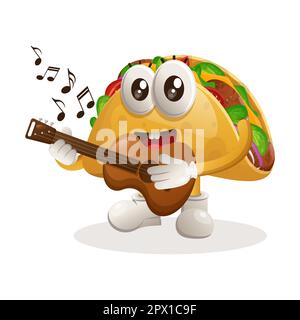 Süßes Taco-Maskottchen, das Gitarre spielt. Perfekt für Lebensmittelgeschäfte, kleine Unternehmen oder E-Commerce, Merchandise und Aufkleber, Bannerwerbung, Blog zur Lebensmittelbewertung oder Stock Vektor