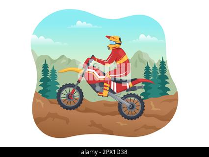 Motocross Illustration mit einem Fahrer, der mit dem Fahrrad durch Schlamm, felsige Straßen und Abenteuer fährt, in Extreme Sport Flat Cartoon Hand Drawn Template Stockfoto