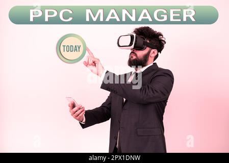 Textunterschrift mit PPC Manager, Business Idea, für die Werbetreibende jedes Mal Gebühren zahlen, wenn sie auf eine ihrer Anzeigen klicken Stockfoto