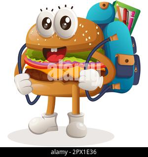 Niedliches Burger Maskottchen-Design mit Schultasche, Rucksack, zurück zur Schule. Burger Cartoon Maskottchen Figuren-Design. Leckeres Essen mit Käse, vegetabl Stock Vektor