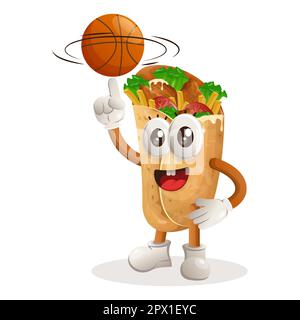 Süßes Burrito-Maskottchen, das Basketball spielt, Freistil mit Ball. Perfekt für Lebensmittelgeschäfte, kleine Unternehmen oder E-Commerce, Merchandise und Aufkleber, Banner Pro Stock Vektor