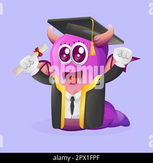 Das süße lila Monster hat gerade seinen Abschluss gemacht. Perfekt für Kinder, kleine Unternehmen oder E-Commerce, Merchandise und Aufkleber, Werbebanner, Blog oder Vlog-Kanal Stock Vektor