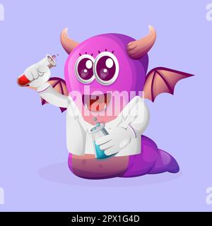 Süße lila Monsterwissenschaftler, die Röhren halten. Perfekt für Kinder, kleine Unternehmen oder E-Commerce, Merchandise und Aufkleber, Werbebanner, Blog oder Vlog Stock Vektor