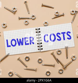 Schild mit niedrigeren Kosten, konzeptionelles Foto das Unternehmen setzt einen niedrigen Preis fest, um die Produktnachfrage zu erhöhen Stockfoto