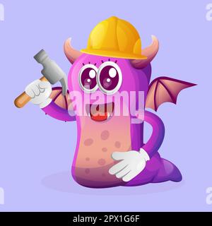 Süßer lila Monsterbauer mit Hammer. Perfekt für Kinder, kleine Unternehmen oder E-Commerce, Merchandise und Aufkleber, Werbebanner, Blog oder Vlog Stock Vektor
